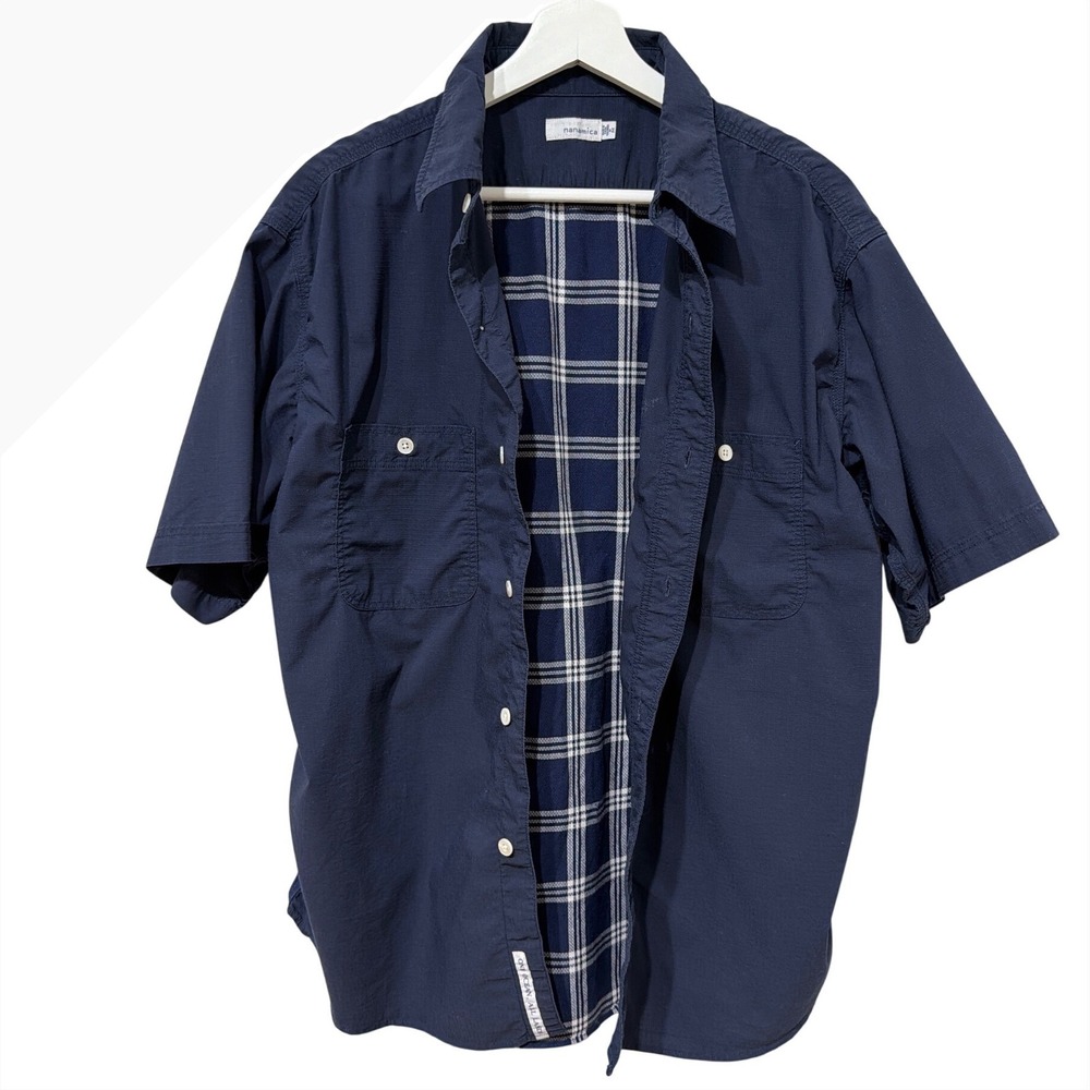 Nanamica Mens Medium Navy Ripstop Plaid Back Short Sleeve Button Down Shirt